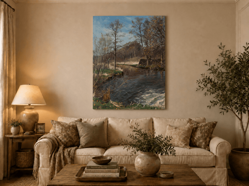 Peinture à l'huile de paysage - Ruisseau forestier paisible avec des arbres nus