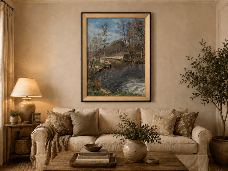 Peinture à l'huile de paysage - Ruisseau forestier paisible avec des arbres nus