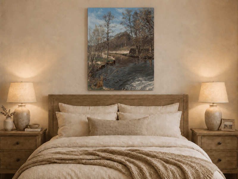 Peinture à l'huile de paysage - Ruisseau forestier paisible avec des arbres nus