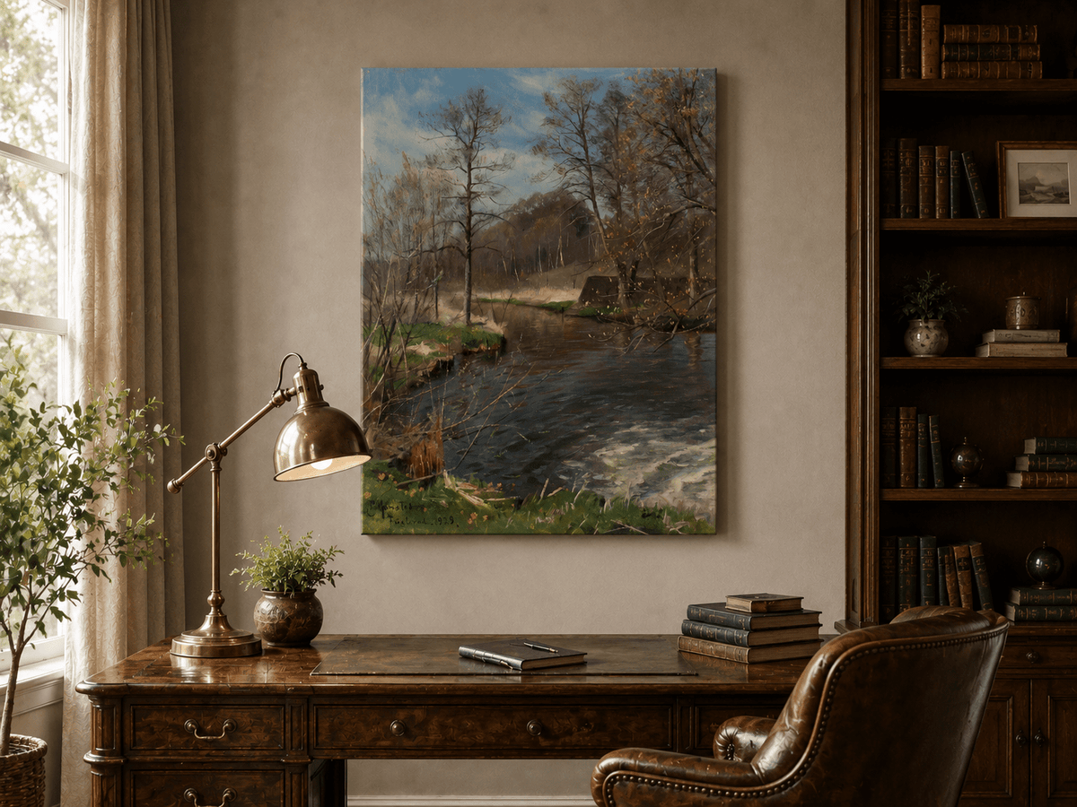 Peinture à l'huile de paysage - Ruisseau forestier paisible avec des arbres nus