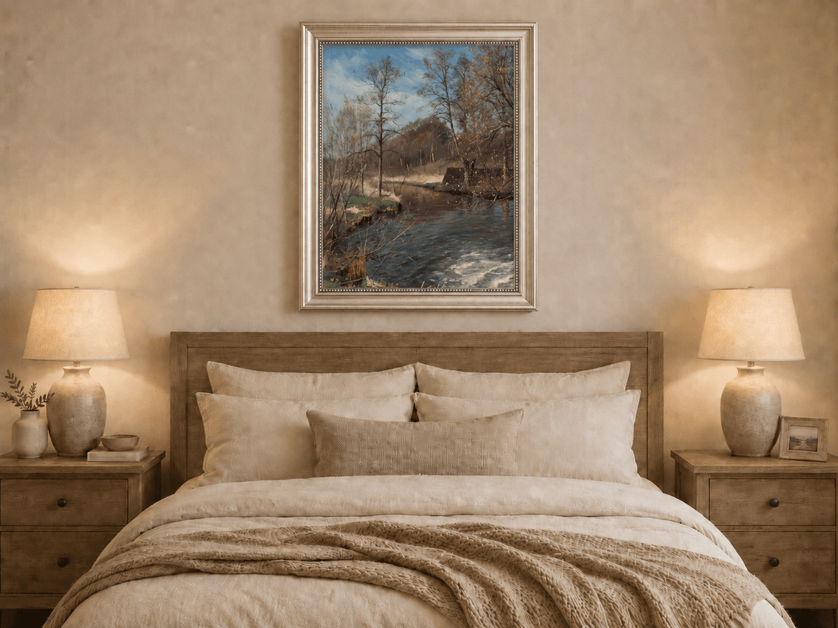 Peinture à l'huile de paysage - Ruisseau forestier paisible avec des arbres nus