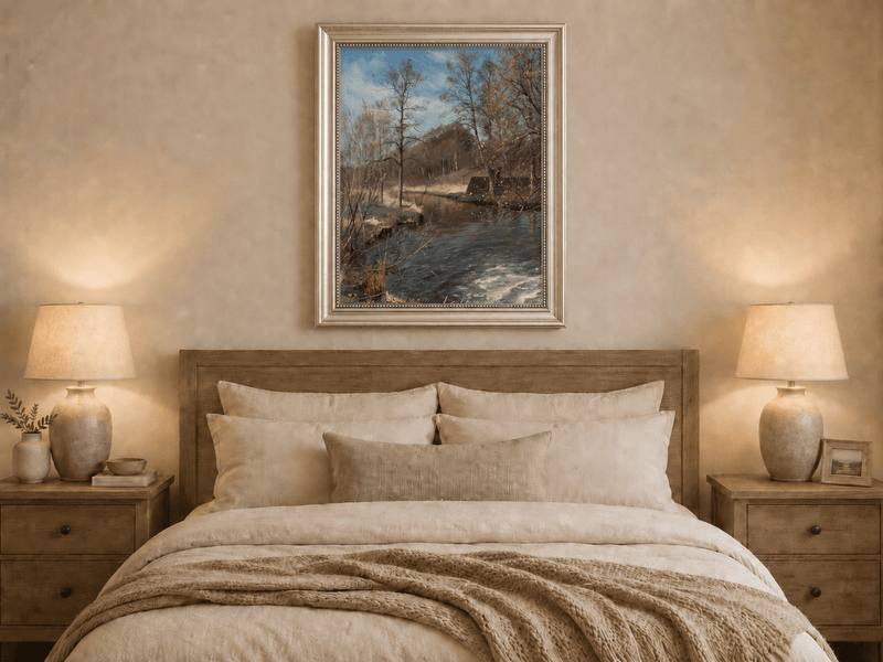 Peinture à l'huile de paysage - Ruisseau forestier paisible avec des arbres nus