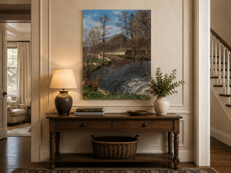 Peinture à l'huile de paysage - Ruisseau forestier paisible avec des arbres nus