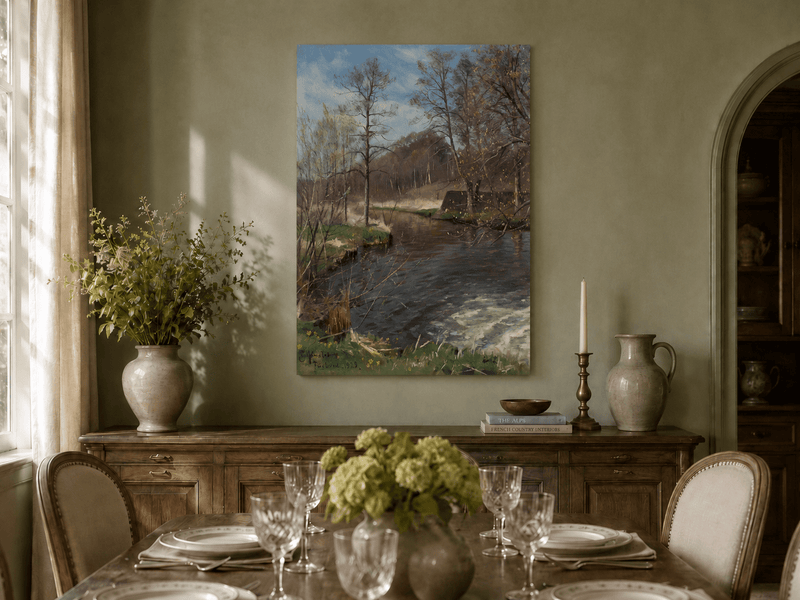 Peinture à l'huile de paysage - Ruisseau forestier paisible avec des arbres nus
