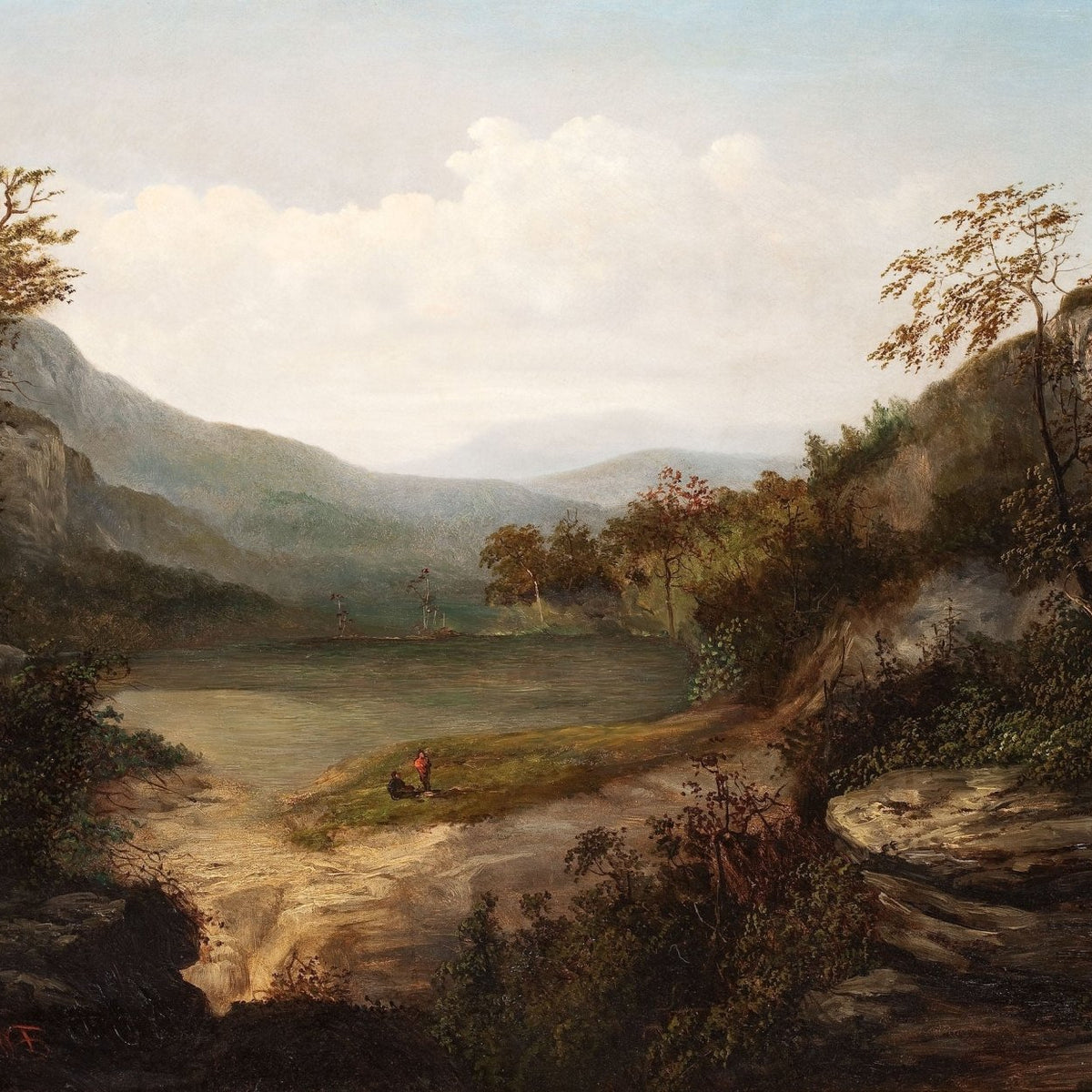 Hand-painted quiet lake in a mountain valley landscape oil painting on canvas