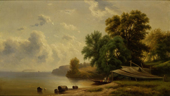Hand-painted quiet lakeshore with boathouse view landscape oil painting on canvas