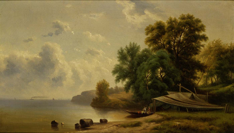 Hand-painted quiet lakeshore with boathouse view landscape oil painting on canvas