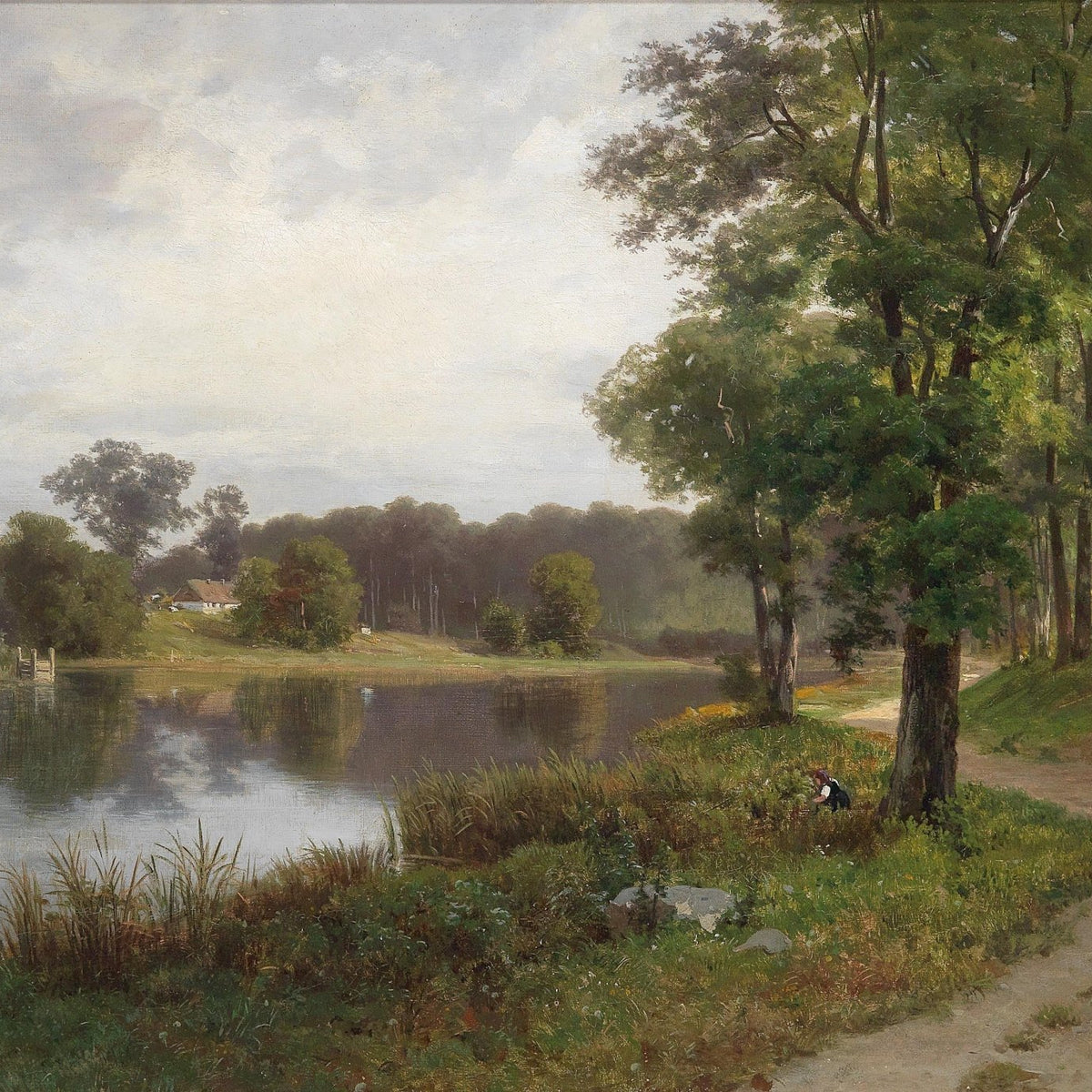 Hand-painted quiet lakeside path and forest view landscape oil painting on canvas