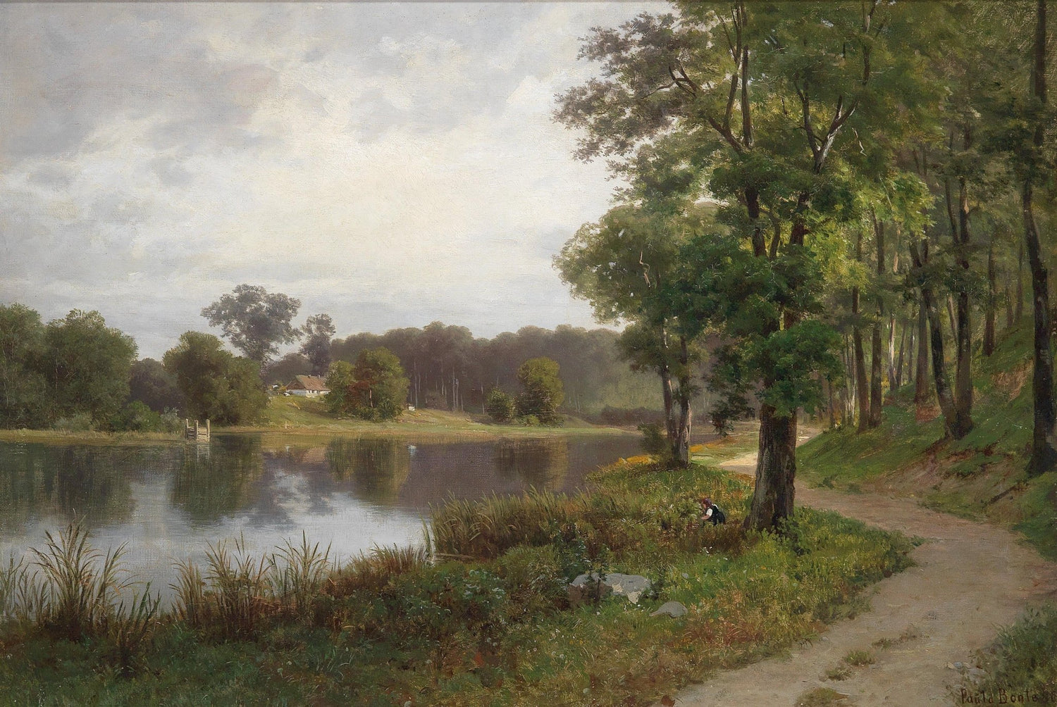 Hand-painted quiet lakeside path and forest view landscape oil painting on canvas