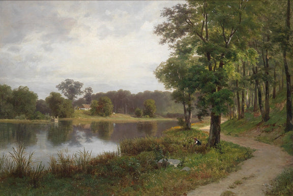 Hand-painted quiet lakeside path and forest view landscape oil painting on canvas