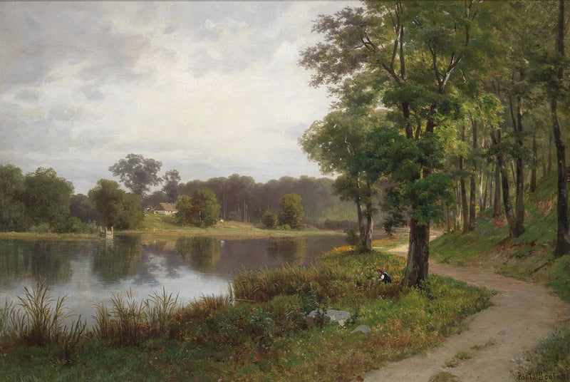 Hand-painted quiet lakeside path and forest view landscape oil painting on canvas