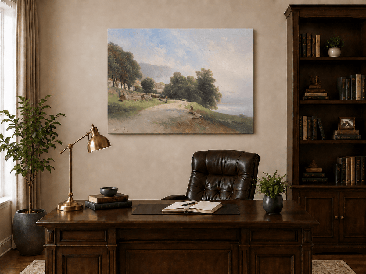 Peinture à l'huile de paysage - Village côtier avec phare et coucher de soleil