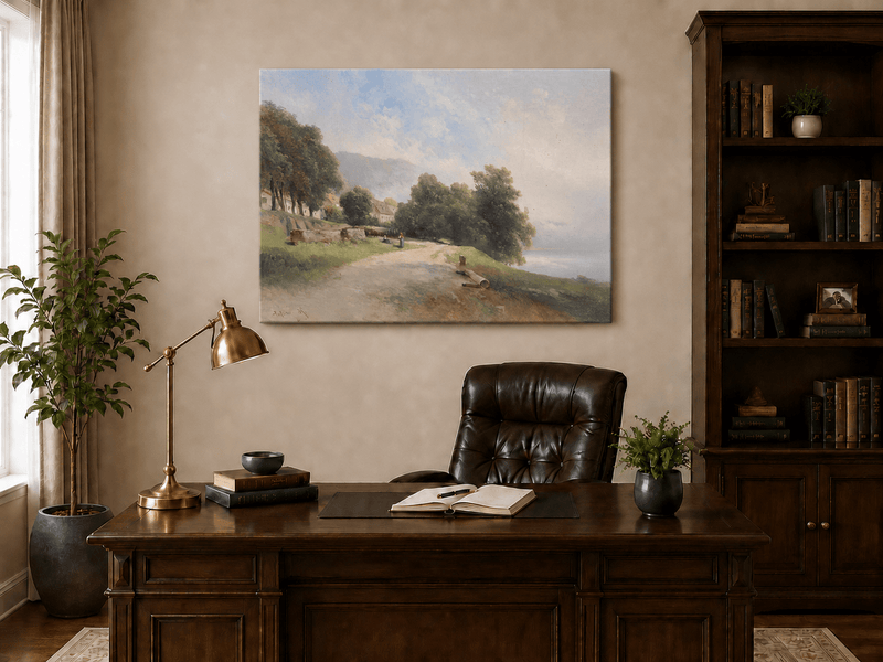 Peinture à l'huile de paysage - Village côtier avec phare et coucher de soleil