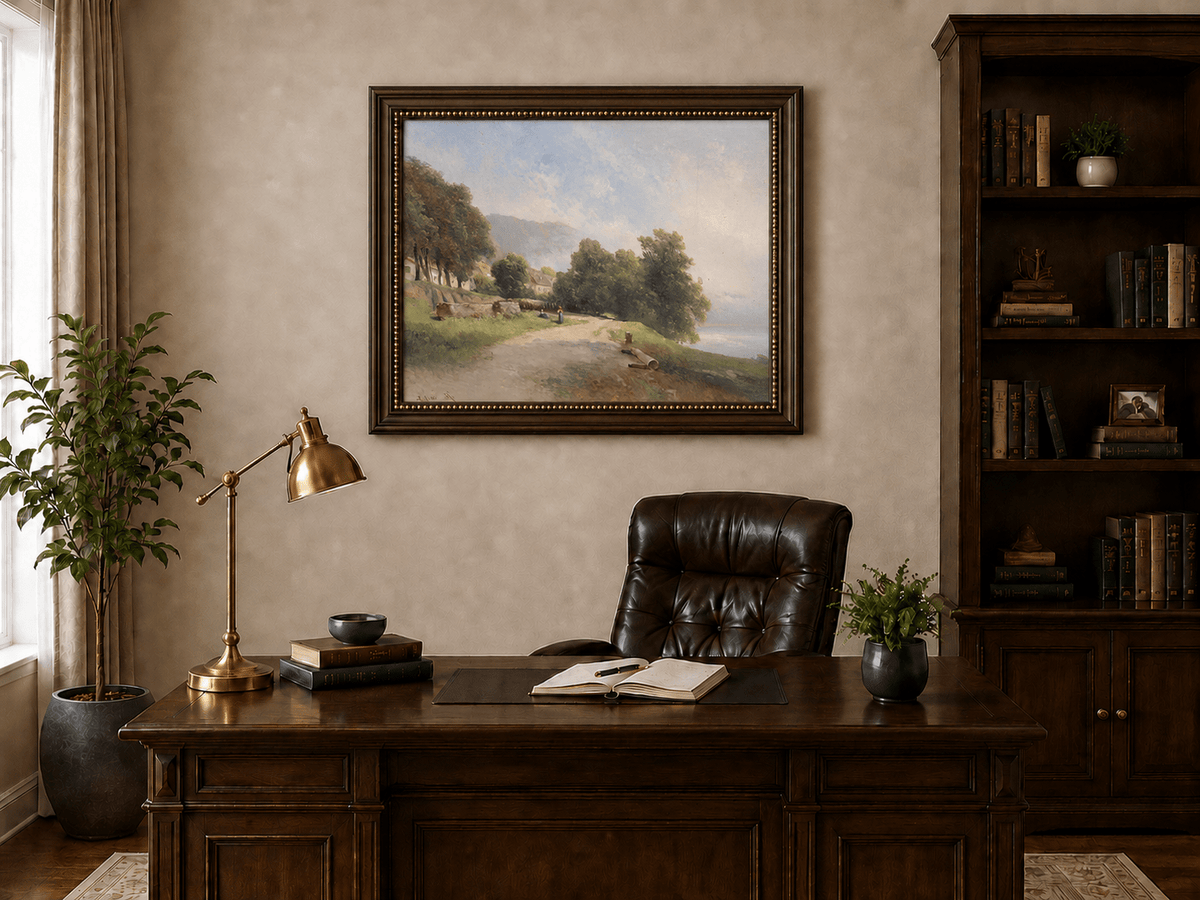 Peinture à l'huile de paysage - Village côtier avec phare et coucher de soleil