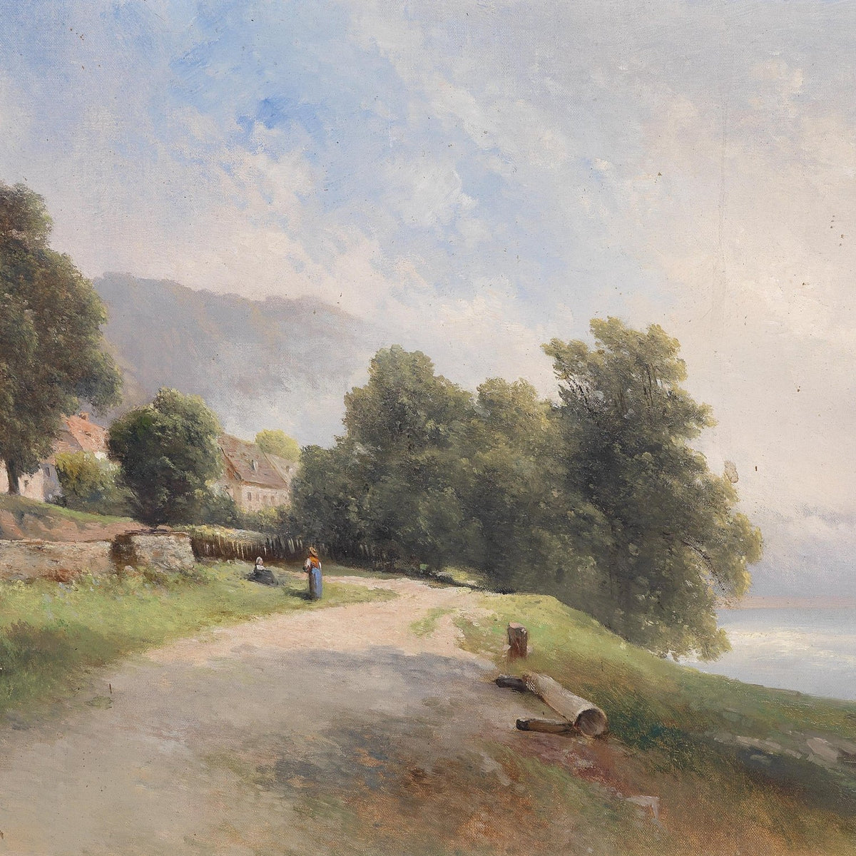 Hand-painted quiet lakeside path by village trees landscape oil painting on canvas