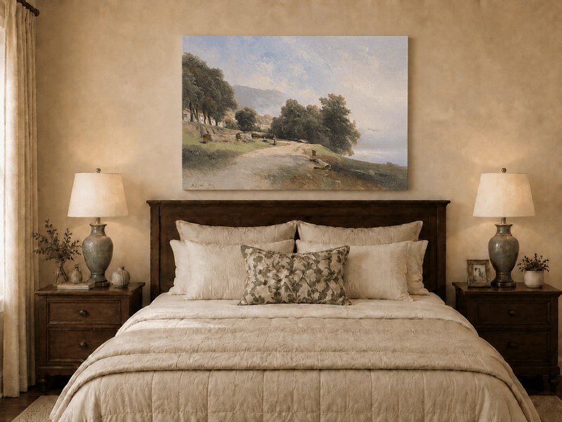 Peinture à l'huile de paysage - Village côtier avec phare et coucher de soleil