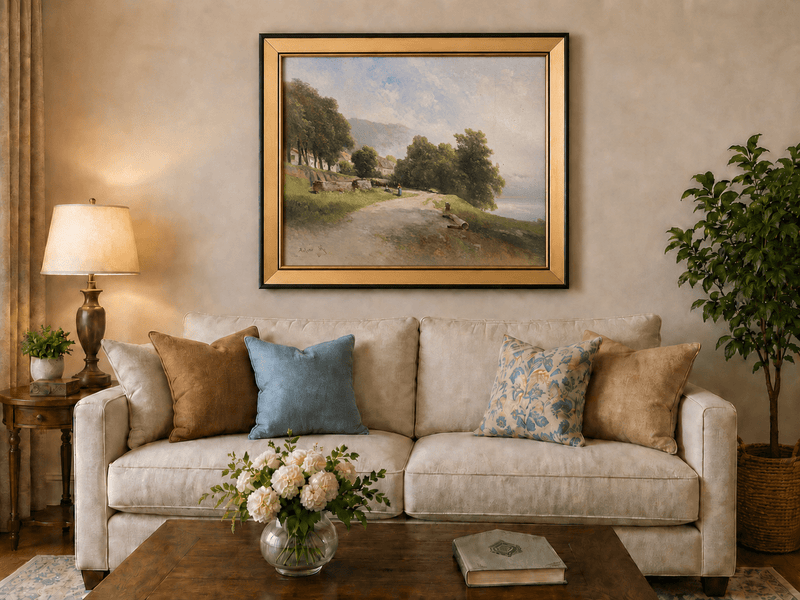 Peinture à l'huile de paysage - Village côtier avec phare et coucher de soleil