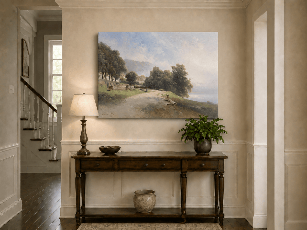 Peinture à l'huile de paysage - Village côtier avec phare et coucher de soleil