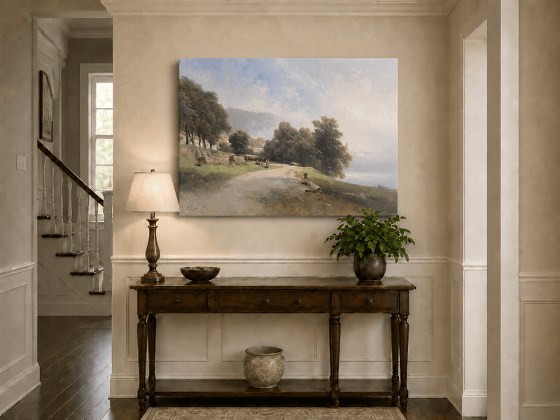 Peinture à l'huile de paysage - Village côtier avec phare et coucher de soleil