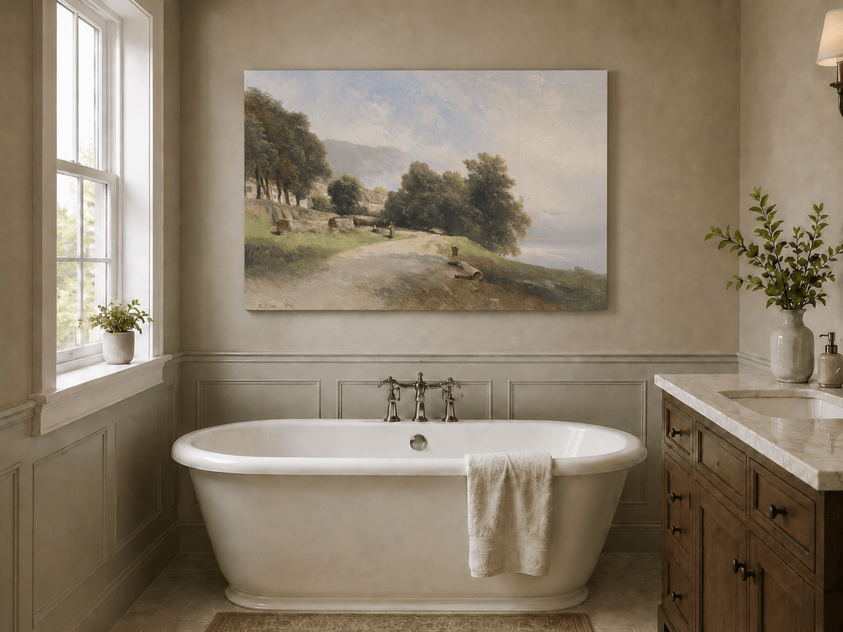 Peinture à l'huile de paysage - Village côtier avec phare et coucher de soleil