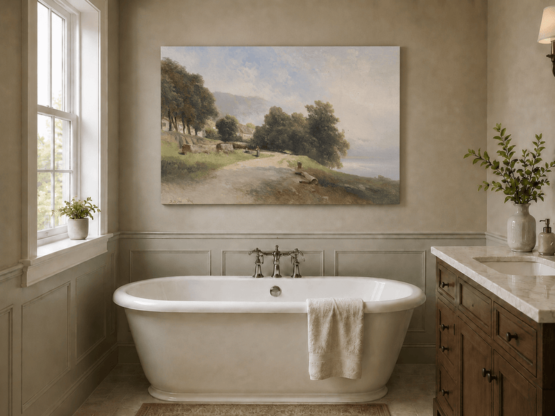Peinture à l'huile de paysage - Village côtier avec phare et coucher de soleil