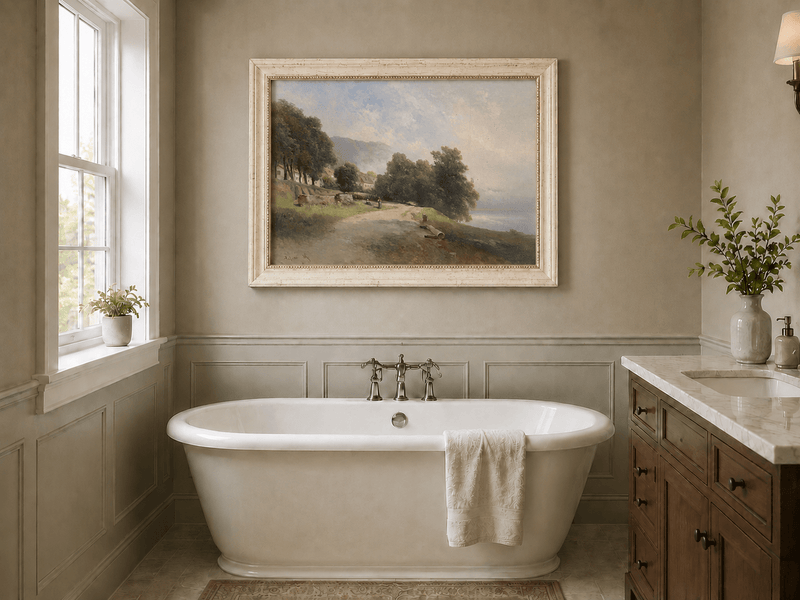 Peinture à l'huile de paysage - Village côtier avec phare et coucher de soleil
