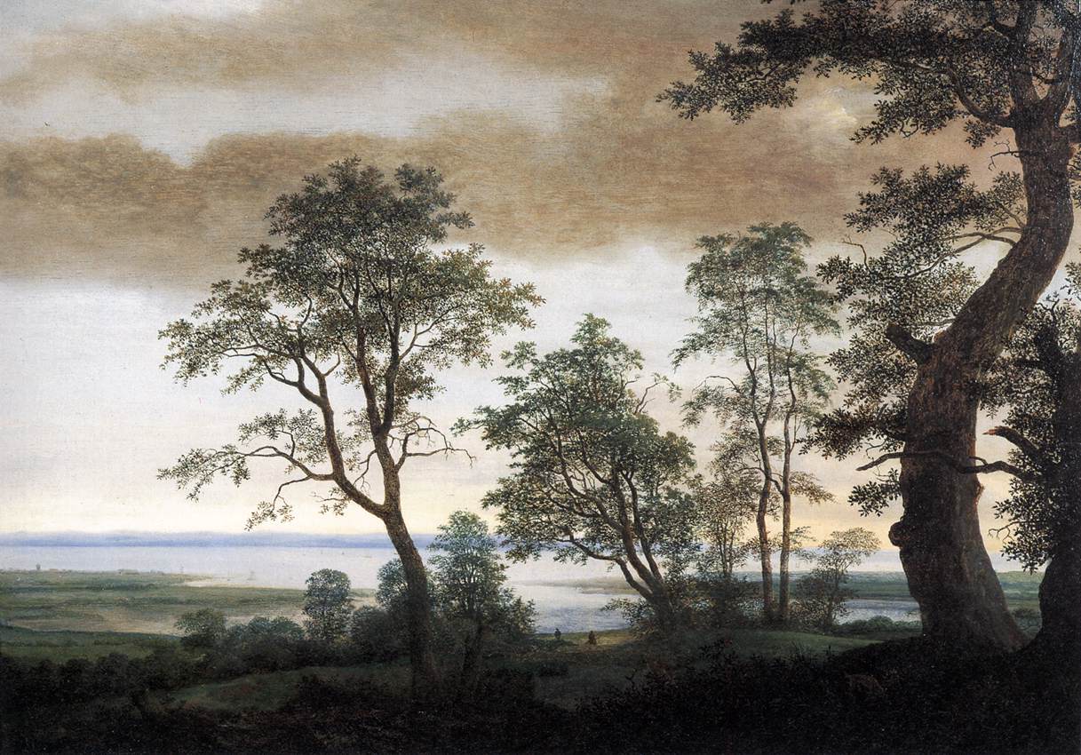 Hand-painted quiet lakeside trees under soft sky landscape oil painting on canvas