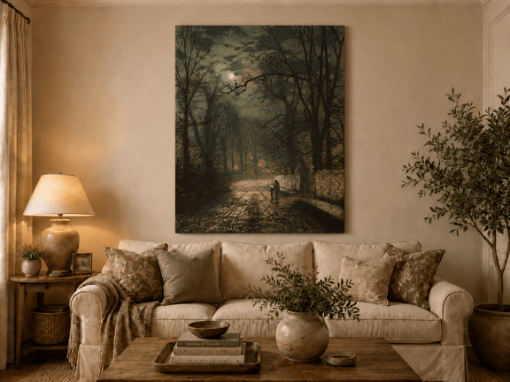 Moonlit country lane hand-painted oil artwork displayed in a second interior view.