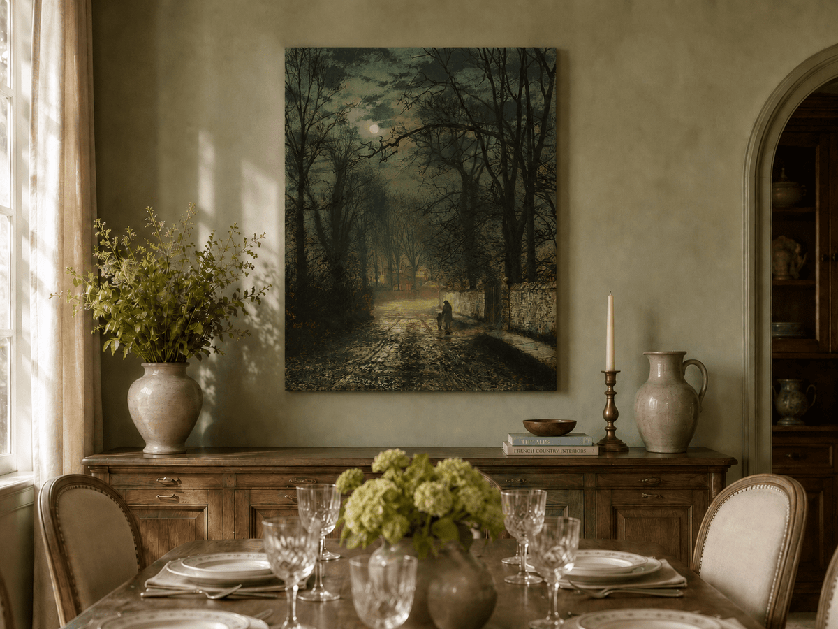 Hand-painted moonlit autumn lane landscape artwork in an interior display.