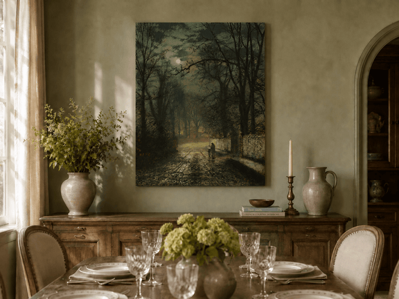 Hand-painted moonlit autumn lane landscape artwork in an interior display.