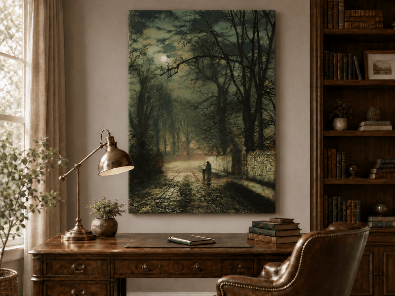 Interior wall art view featuring a quiet moonlit country lane in autumn oil painting.