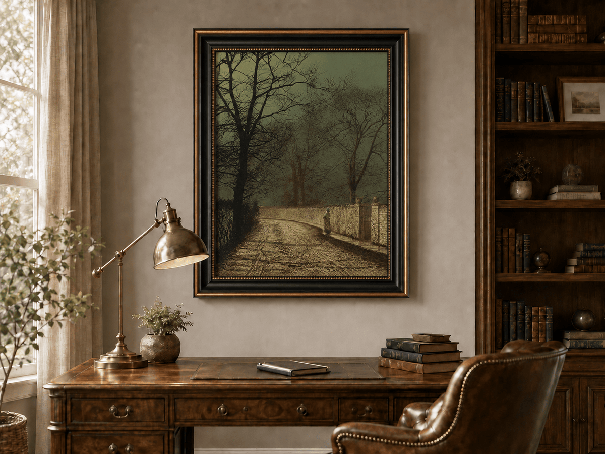 Quiet autumn lane by moonlight landscape oil painting presented in an interior wall art mockup.