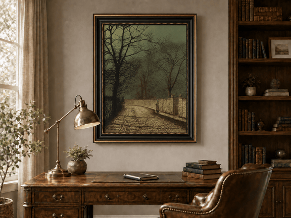 Quiet autumn lane by moonlight landscape oil painting presented in an interior wall art mockup.