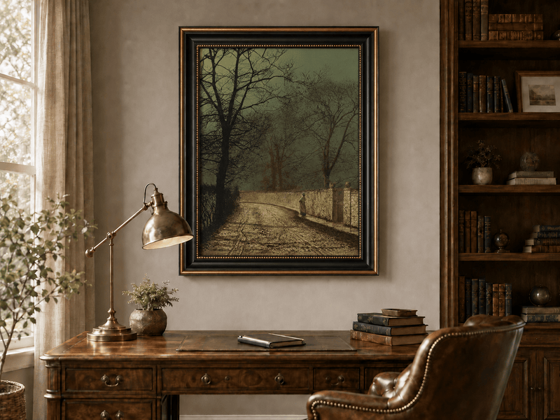 Quiet autumn lane by moonlight landscape oil painting presented in an interior wall art mockup.