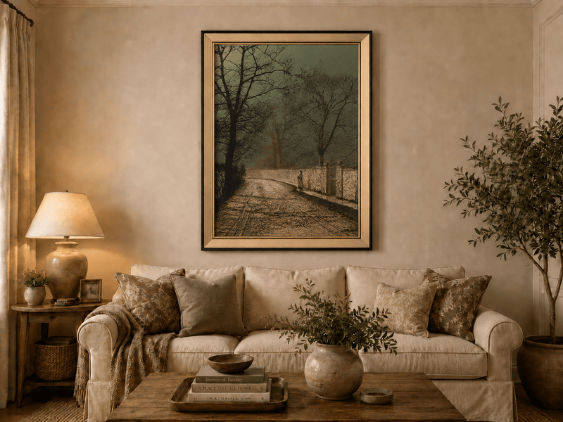 Quiet moonlit country lane in autumn landscape oil painting displayed in a styled home interior.