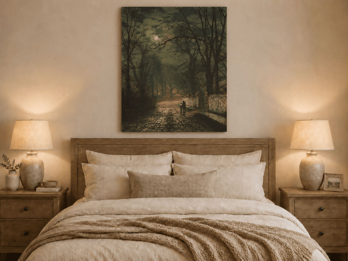 Moonlit autumn country lane oil painting displayed as landscape wall decor.