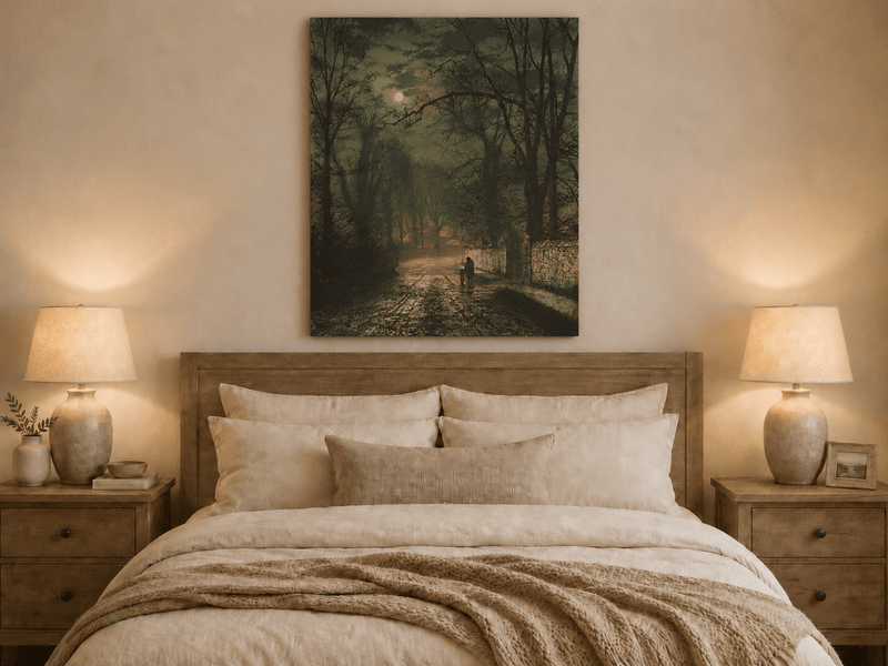 Moonlit autumn country lane oil painting displayed as landscape wall decor.