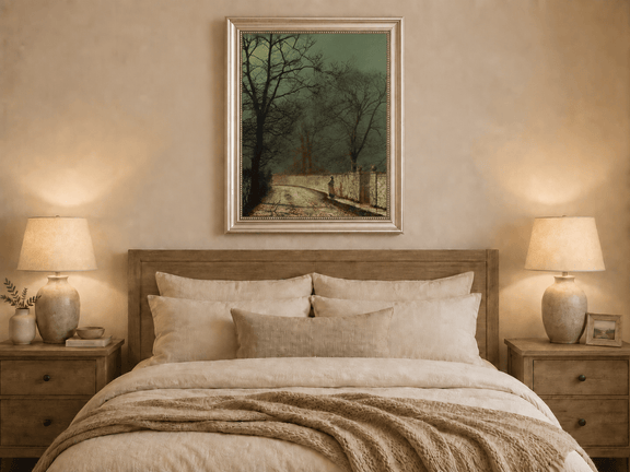 Hand-painted moonlit country lane in autumn displayed as decorative wall art.