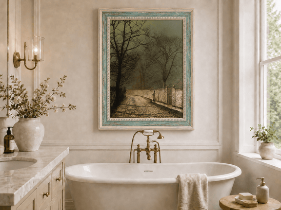 Quiet moonlit autumn lane landscape oil painting presented as interior home decor.