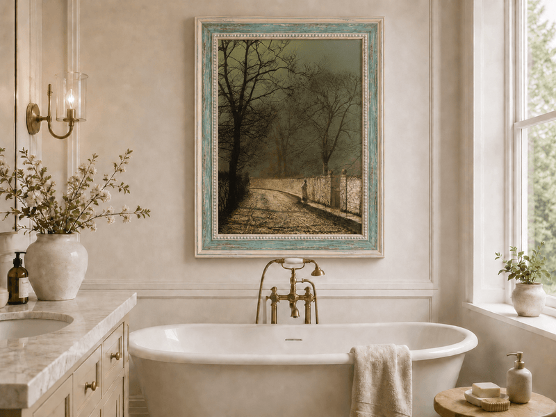 Quiet moonlit autumn lane landscape oil painting presented as interior home decor.