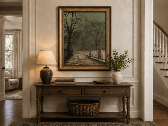 Moonlit autumn country lane hand-painted oil artwork shown as home wall decor.
