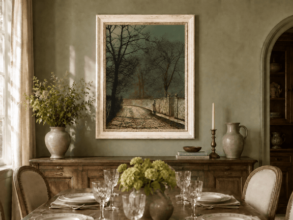 Autumn country lane by moonlight oil landscape artwork shown in a styled home interior.