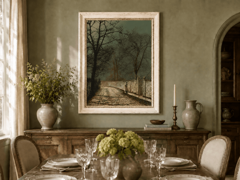 Autumn country lane by moonlight oil landscape artwork shown in a styled home interior.