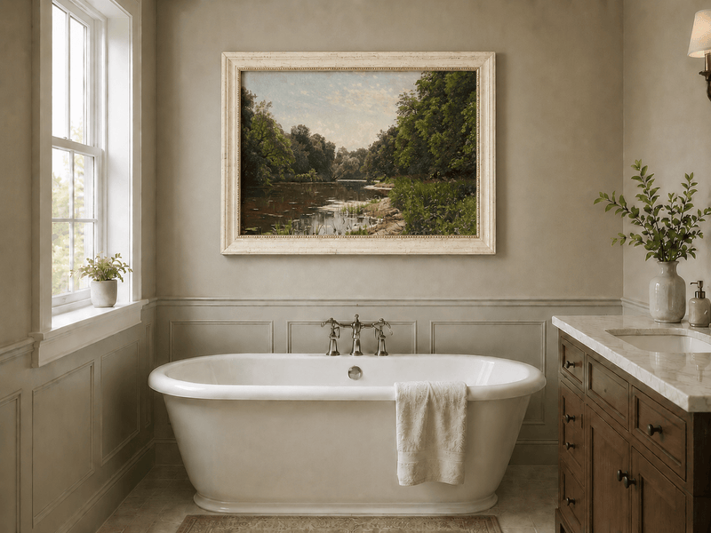 Peinture à l'huile de paysage - Méandre de rivière paisible avec des arbres luxuriants