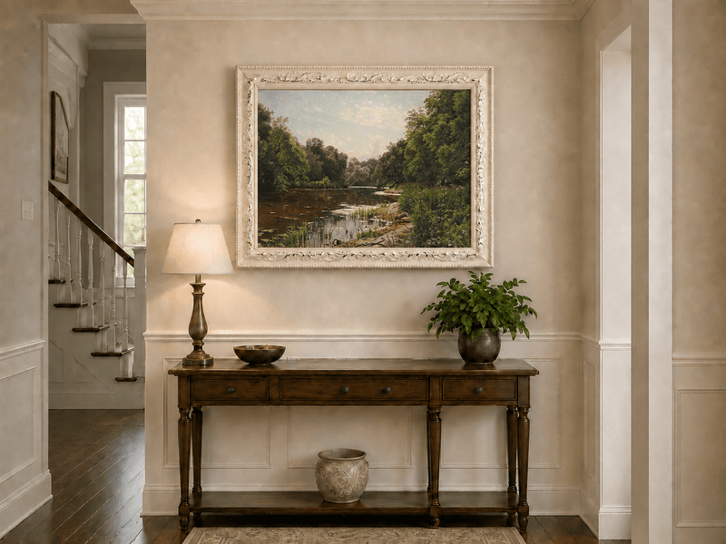 Peinture à l'huile de paysage - Méandre de rivière paisible avec des arbres luxuriants