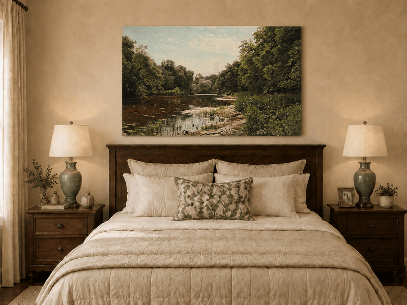 Peinture à l'huile de paysage - Méandre de rivière paisible avec des arbres luxuriants