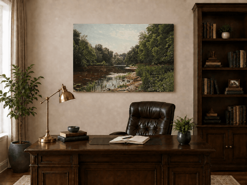 Peinture à l'huile de paysage - Méandre de rivière paisible avec des arbres luxuriants