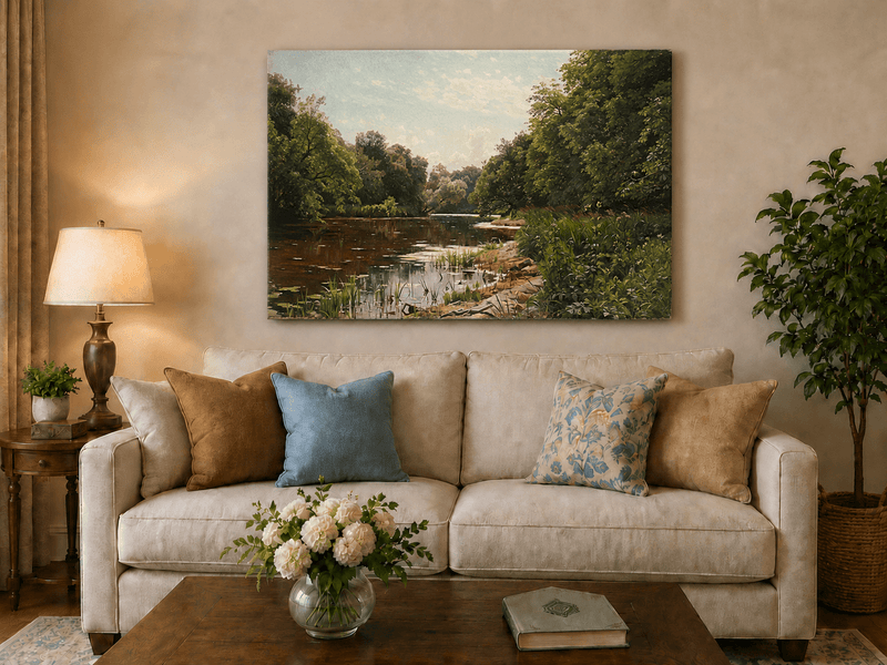 Peinture à l'huile de paysage - Méandre de rivière paisible avec des arbres luxuriants