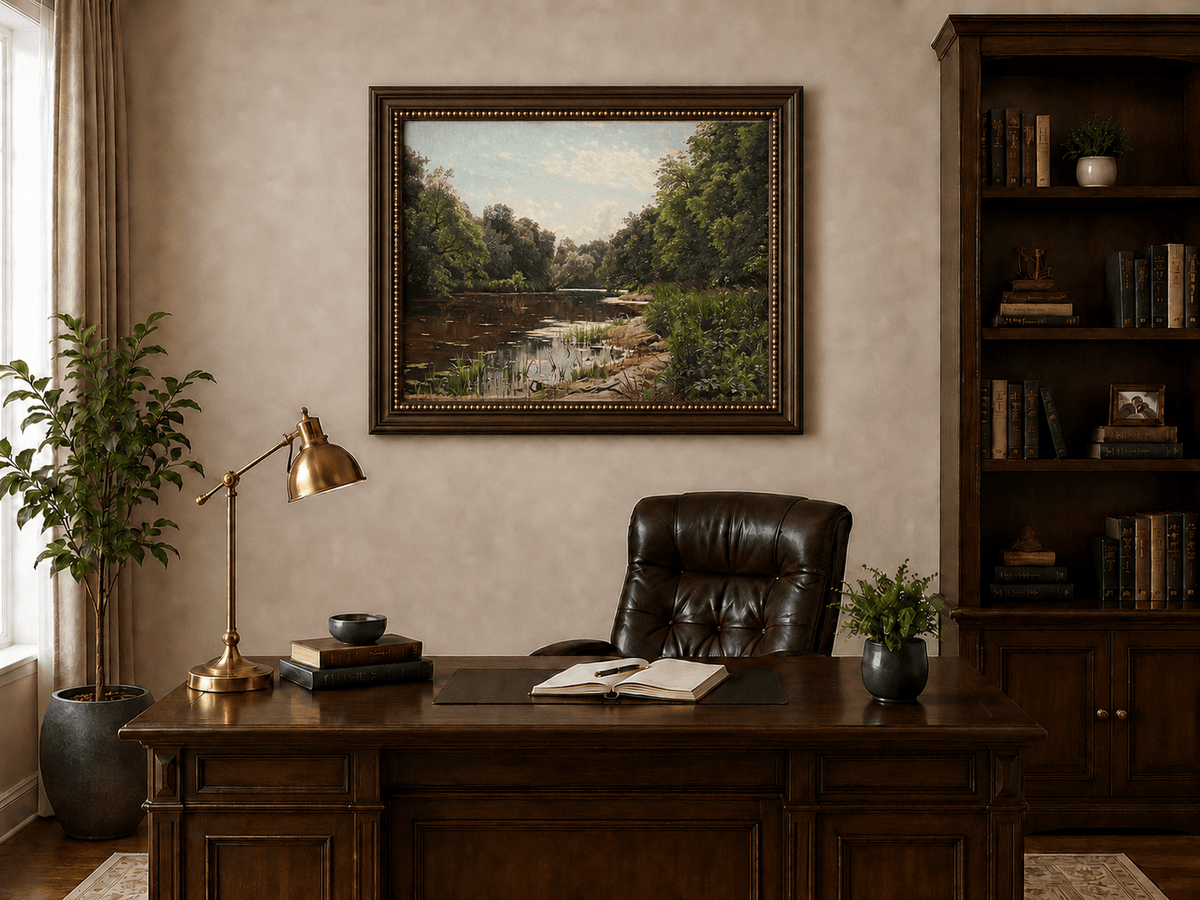 Peinture à l'huile de paysage - Méandre de rivière paisible avec des arbres luxuriants