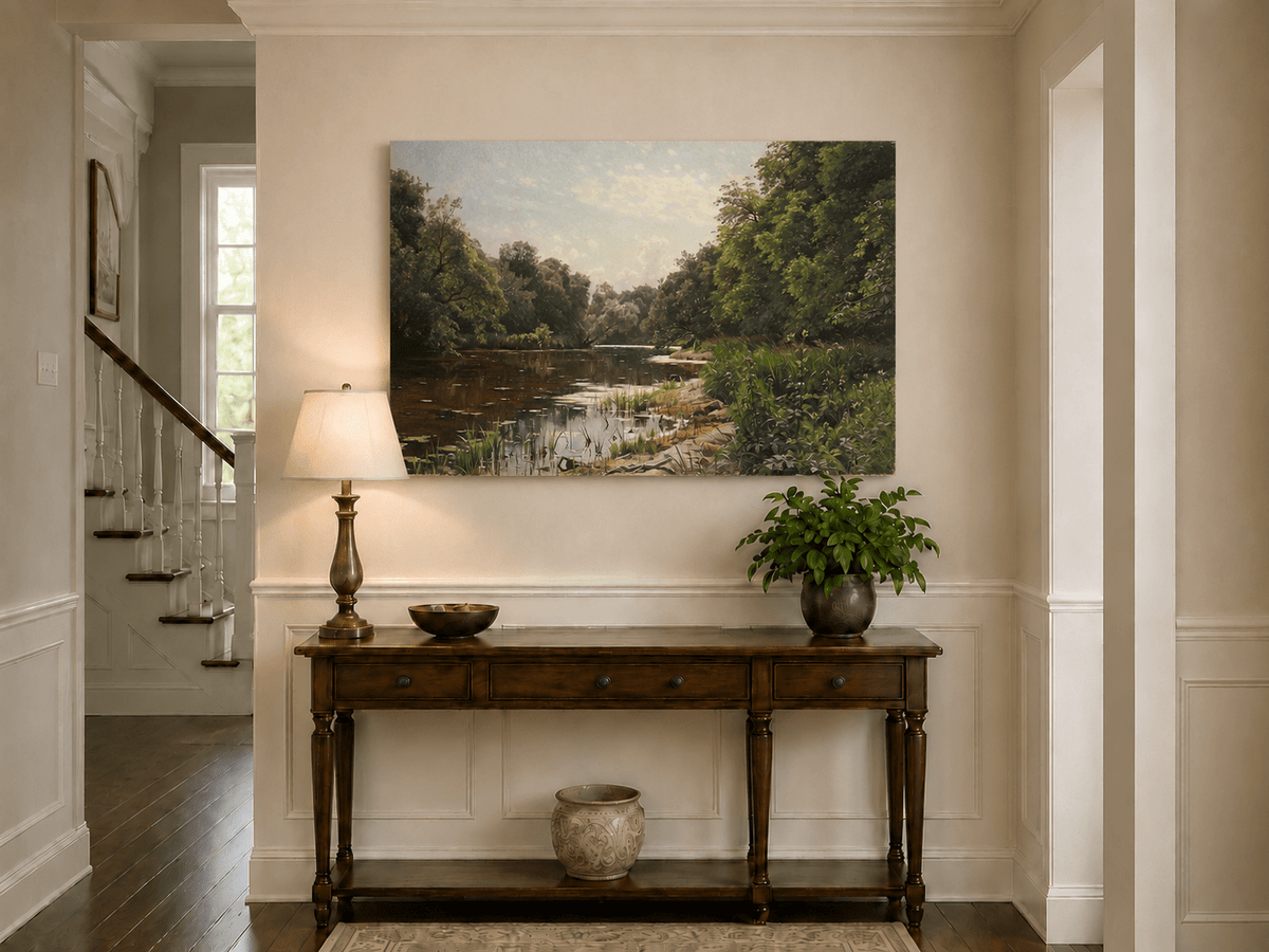 Peinture à l'huile de paysage - Méandre de rivière paisible avec des arbres luxuriants